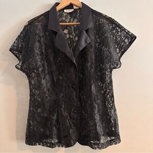 Vintage 80s 90s Victorias Secret Gold Label Black Lace Shirt Button Up Collar